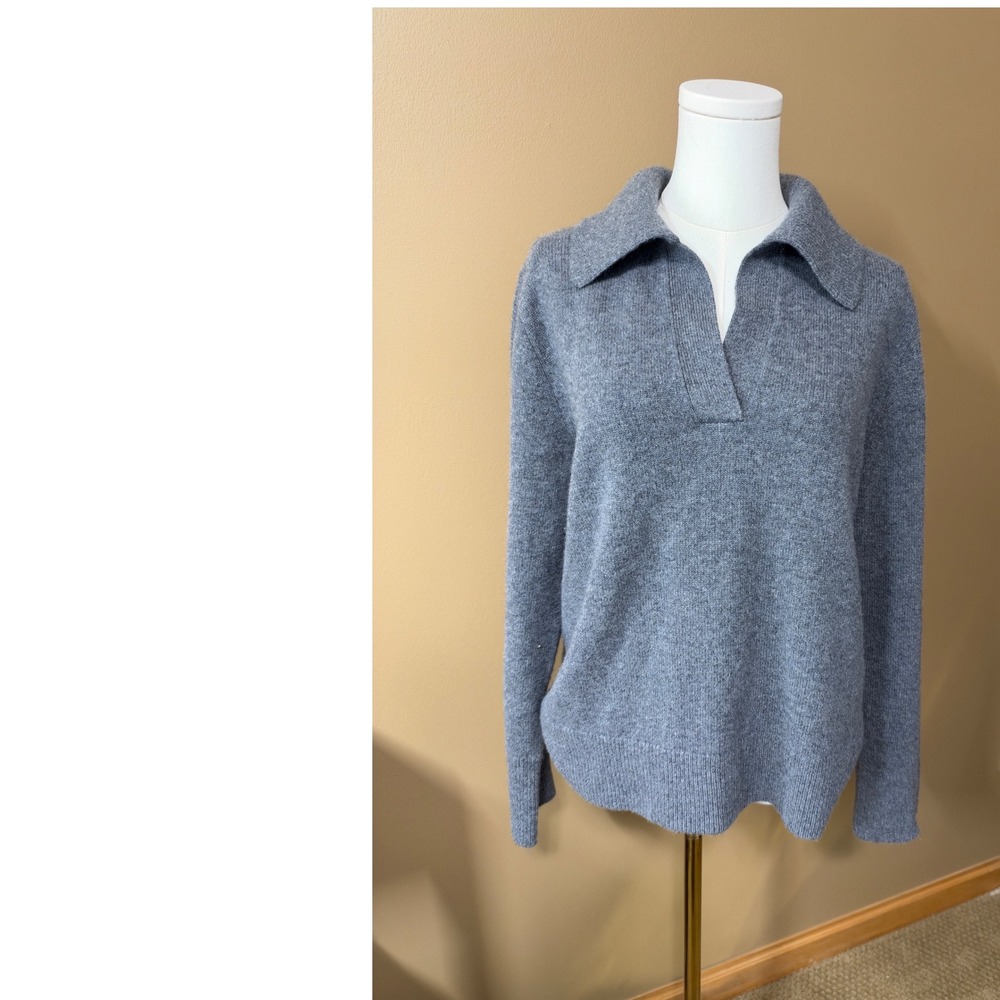 Banana Republic Women M 100% Cashmere Polo Collar Sweater Gray Quiet Luxury